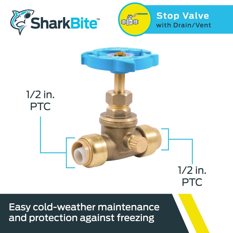 SharkBite 1/2 Inch Stop Valve with Drain and Vent, Push to Connect Brass Plumbing Fitting, PEX Pipe, Copper, CPVC, PE-RT, HDPE, 24634LF - Image 2